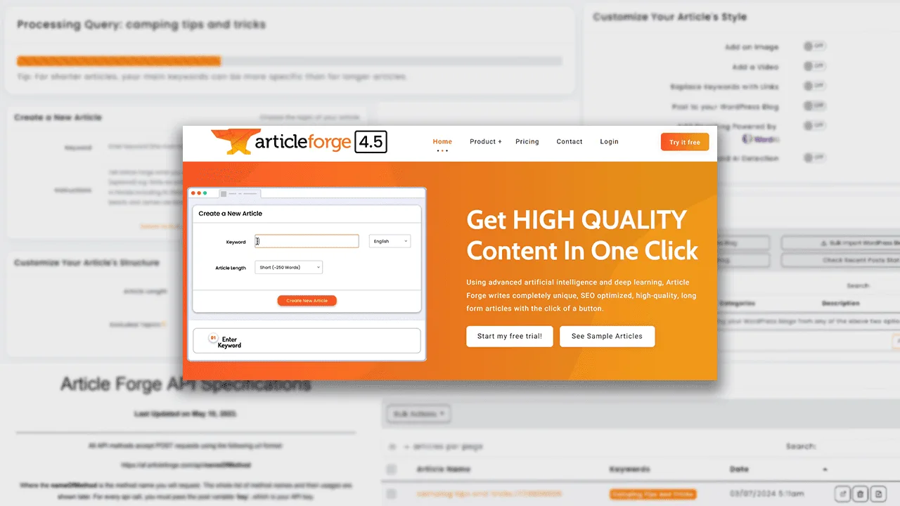 Article Forge dashboard view