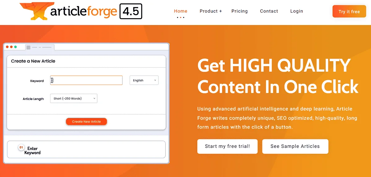 Article Forge in action, writing AI tool