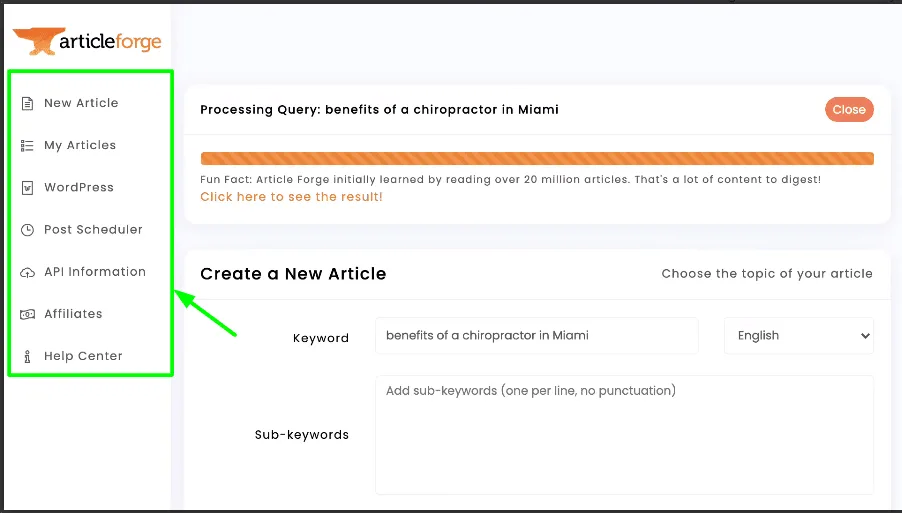 Article Forge interface in use