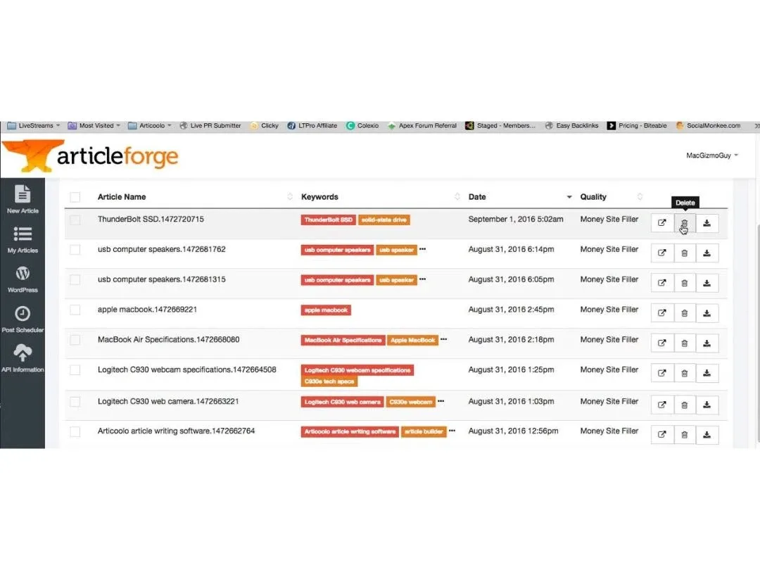 Article Forge interface in use