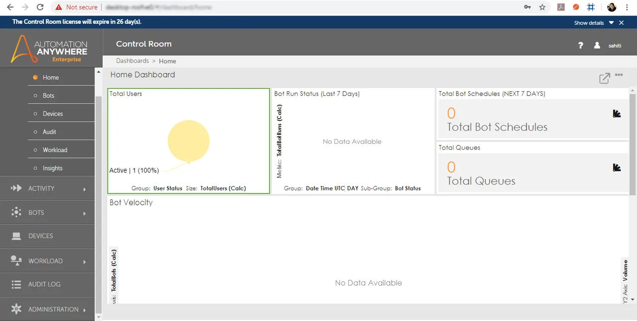 Automation Anywhere dashboard view