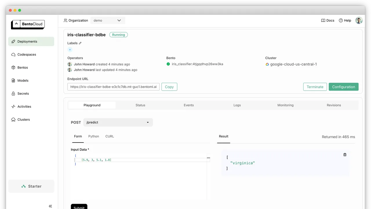 BentoML interface in use