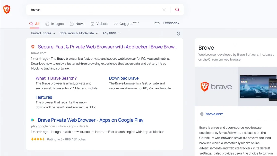Brave Search in action, search AI tool