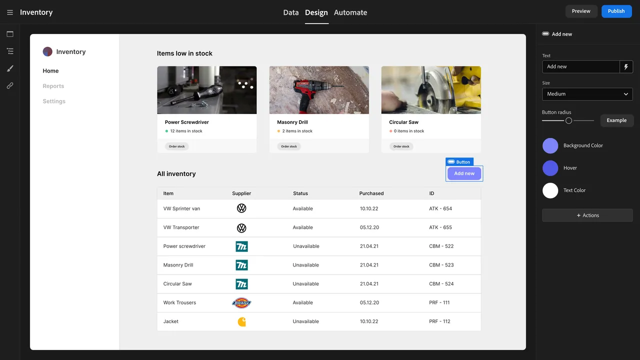 Budibase interface in use