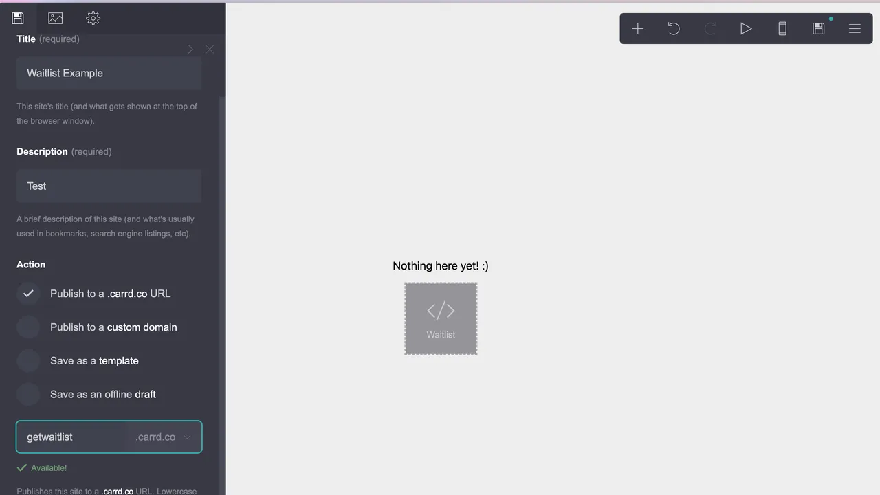 Carrd in action, no-code AI tool