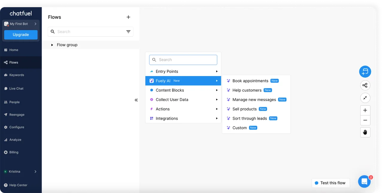 Chatfuel dashboard view