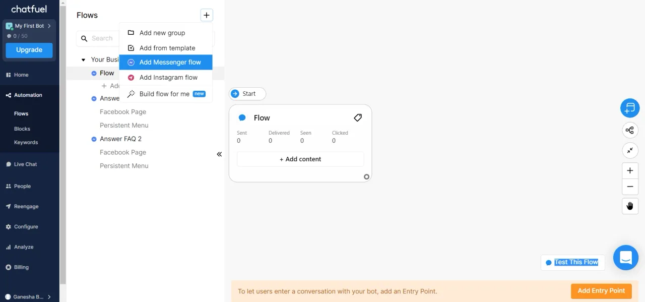 Chatfuel interface in use