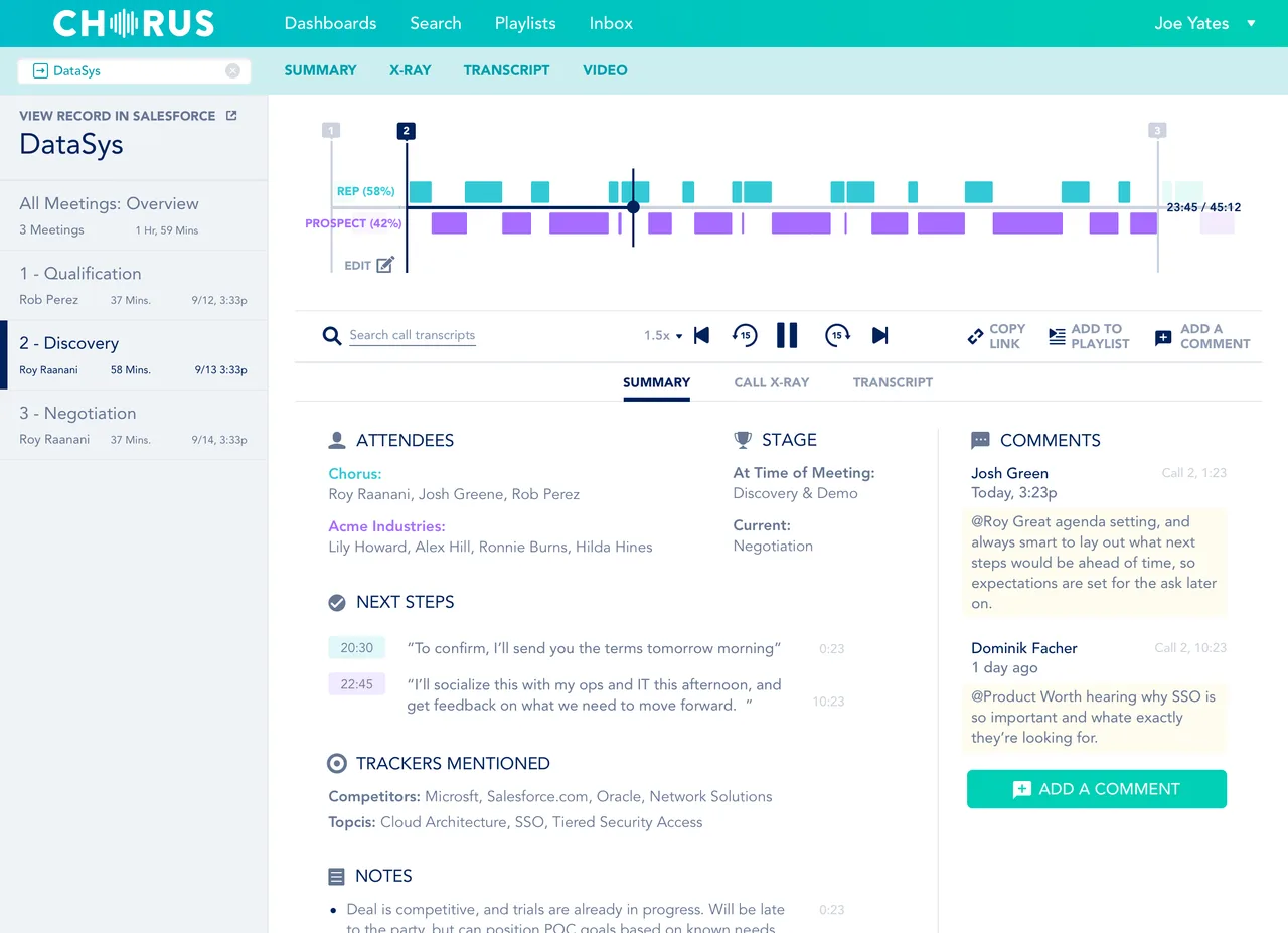 Chorus in action, transcription & meetings AI tool