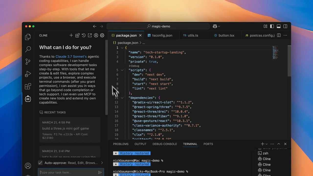 Cline in action, code AI tool