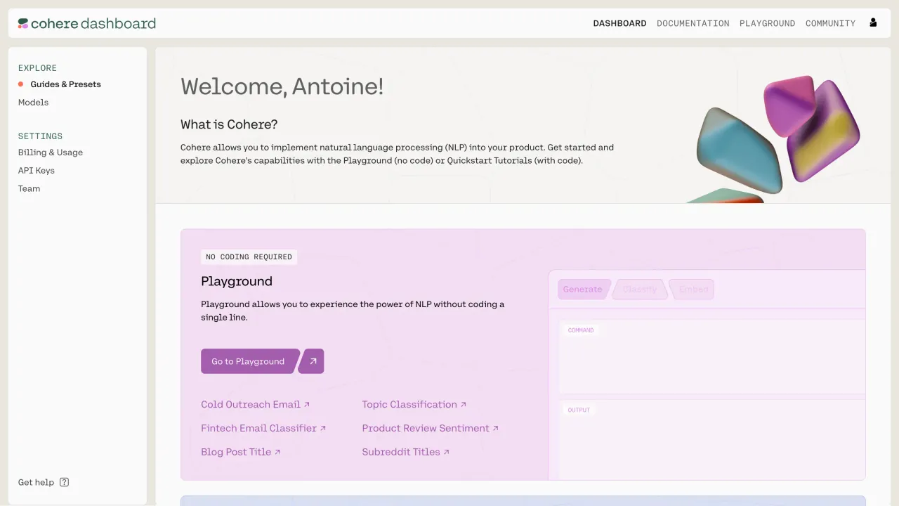 Cohere in action, chat & models AI tool