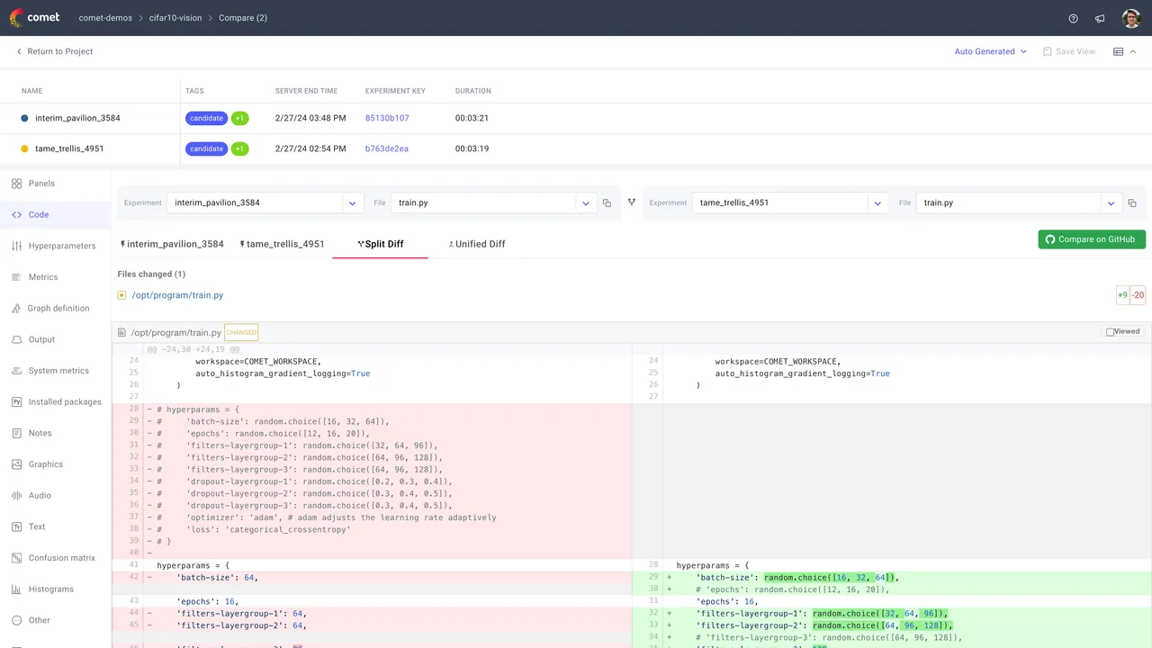 Comet ML interface in use