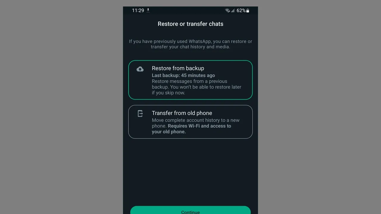 Continue app screen