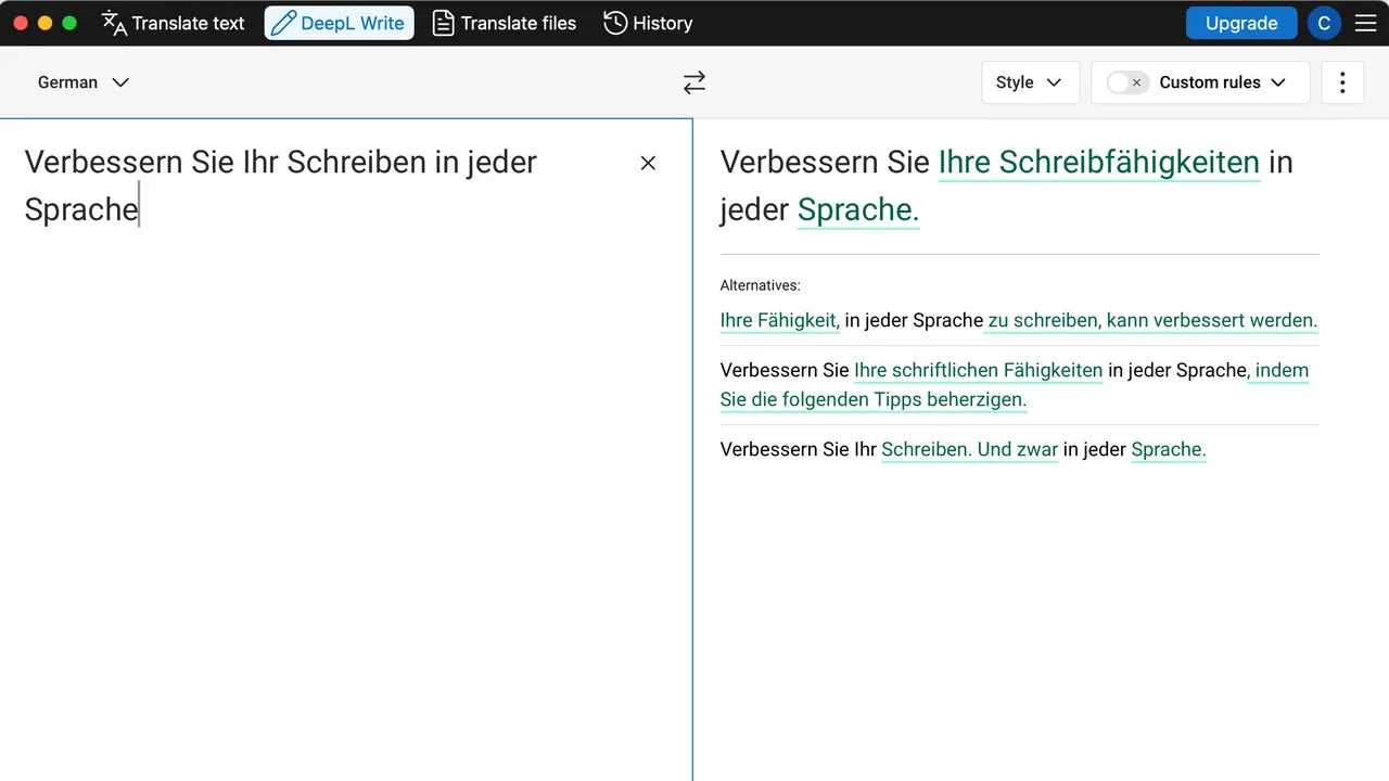 DeepL Write dashboard view