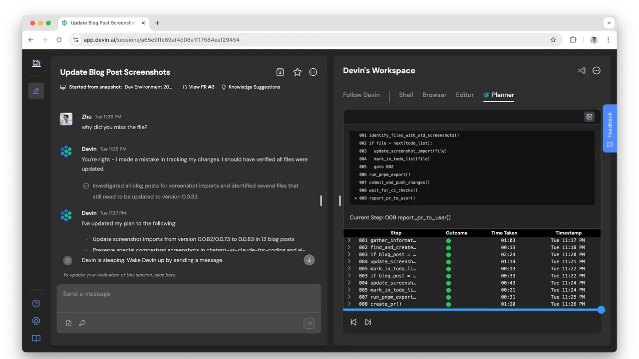 Devin dashboard view