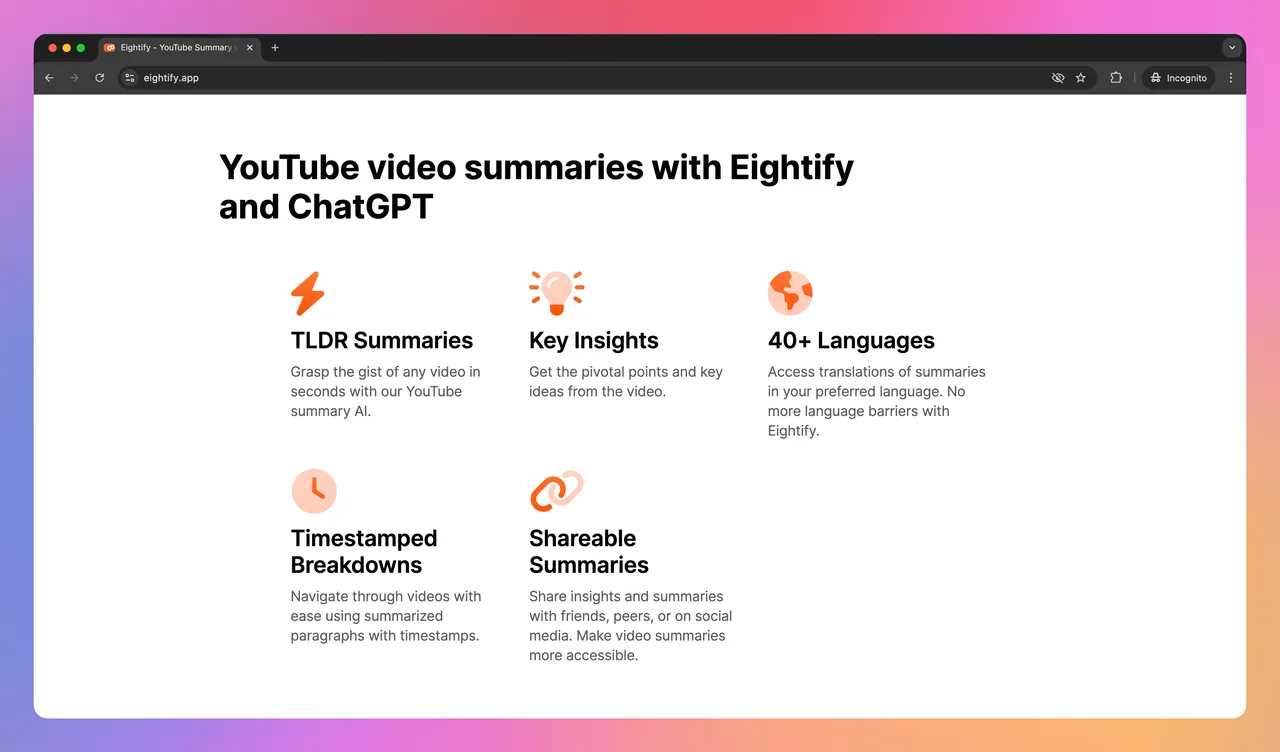 Eightify dashboard view