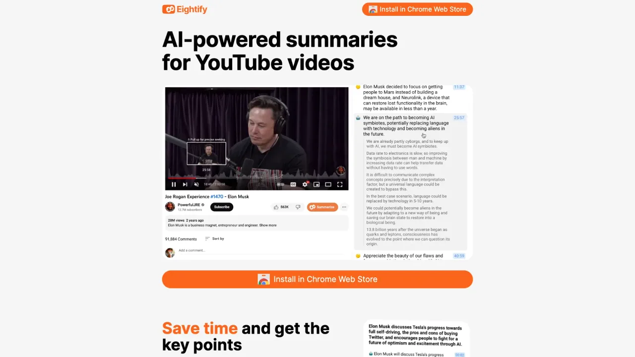 Eightify in action, video AI tool