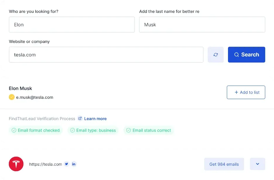 Findthatlead interface in use