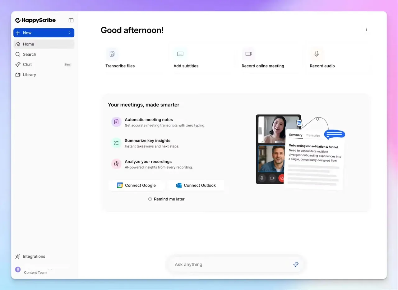 Happyscribe dashboard view