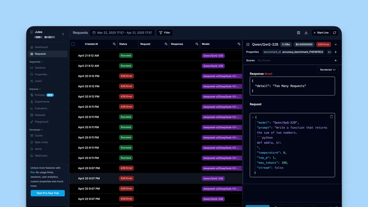 Helicone dashboard view