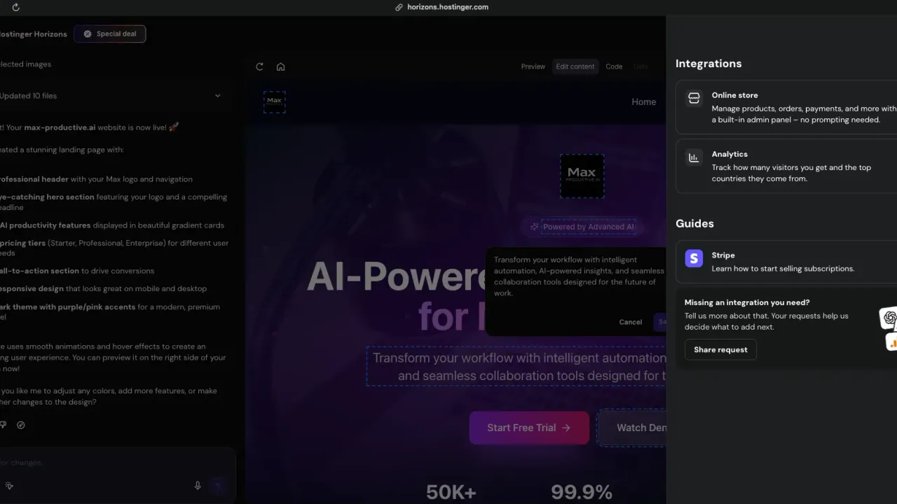Hostinger Horizons app screen