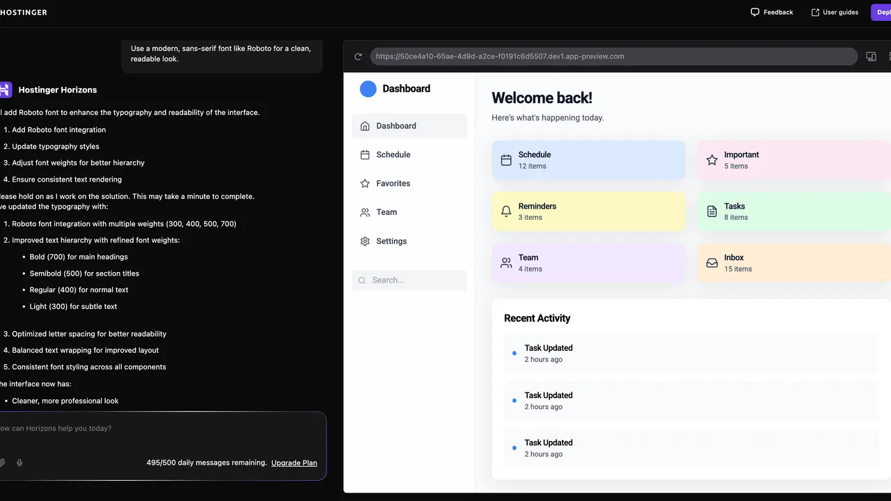 Hostinger Horizons interface in use