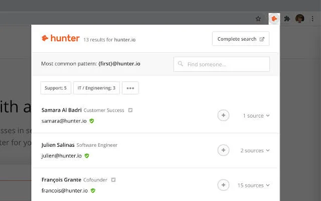 Hunter.io interface in use