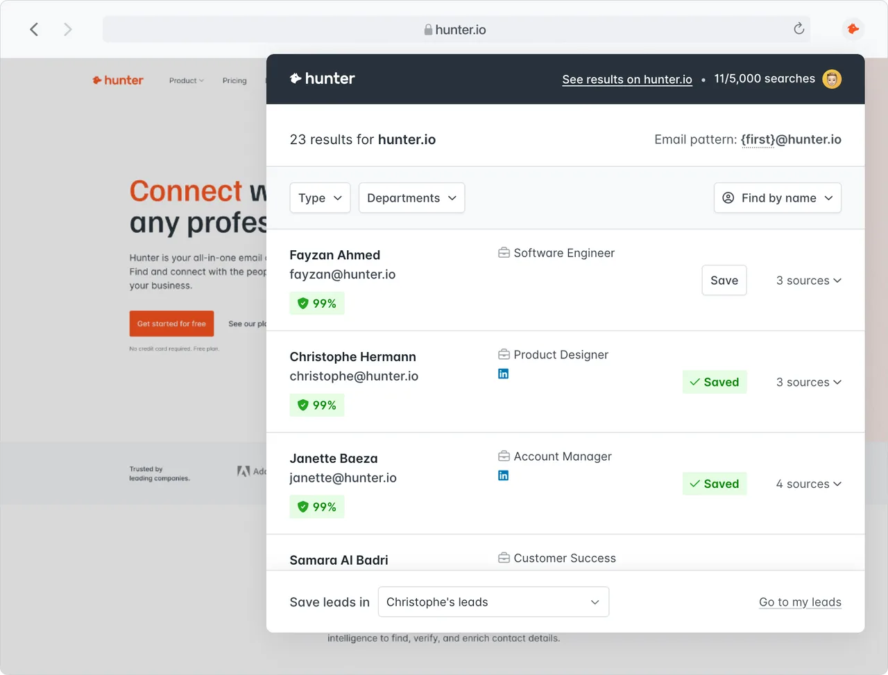 Hunter.io interface in use