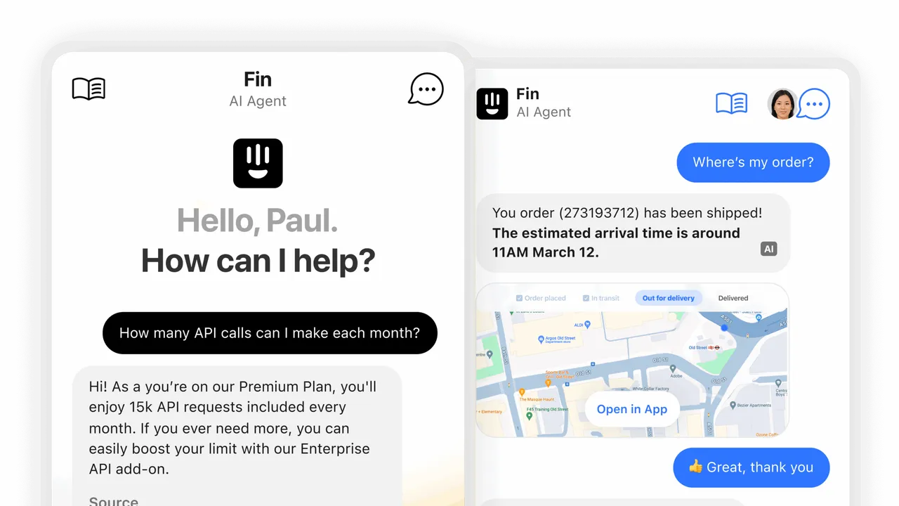 Intercom Fin in action, customer support & sales AI tool