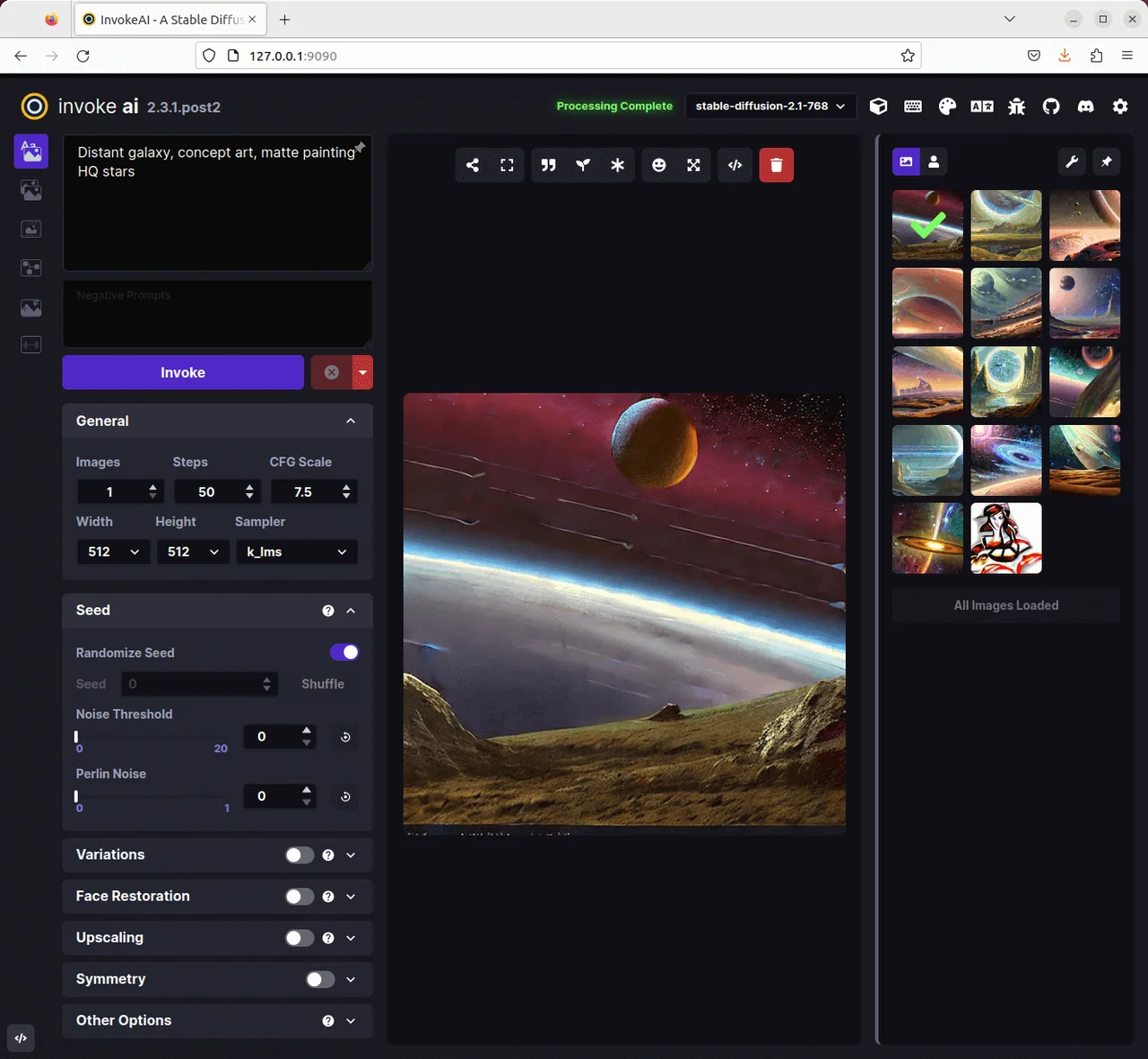 InvokeAI dashboard view