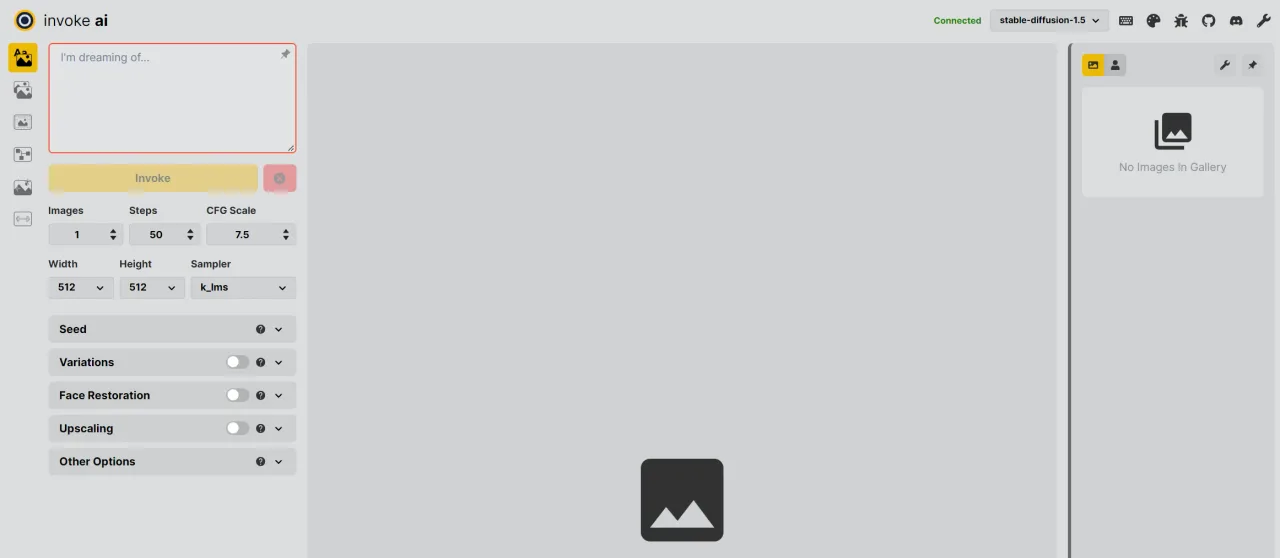 InvokeAI dashboard view
