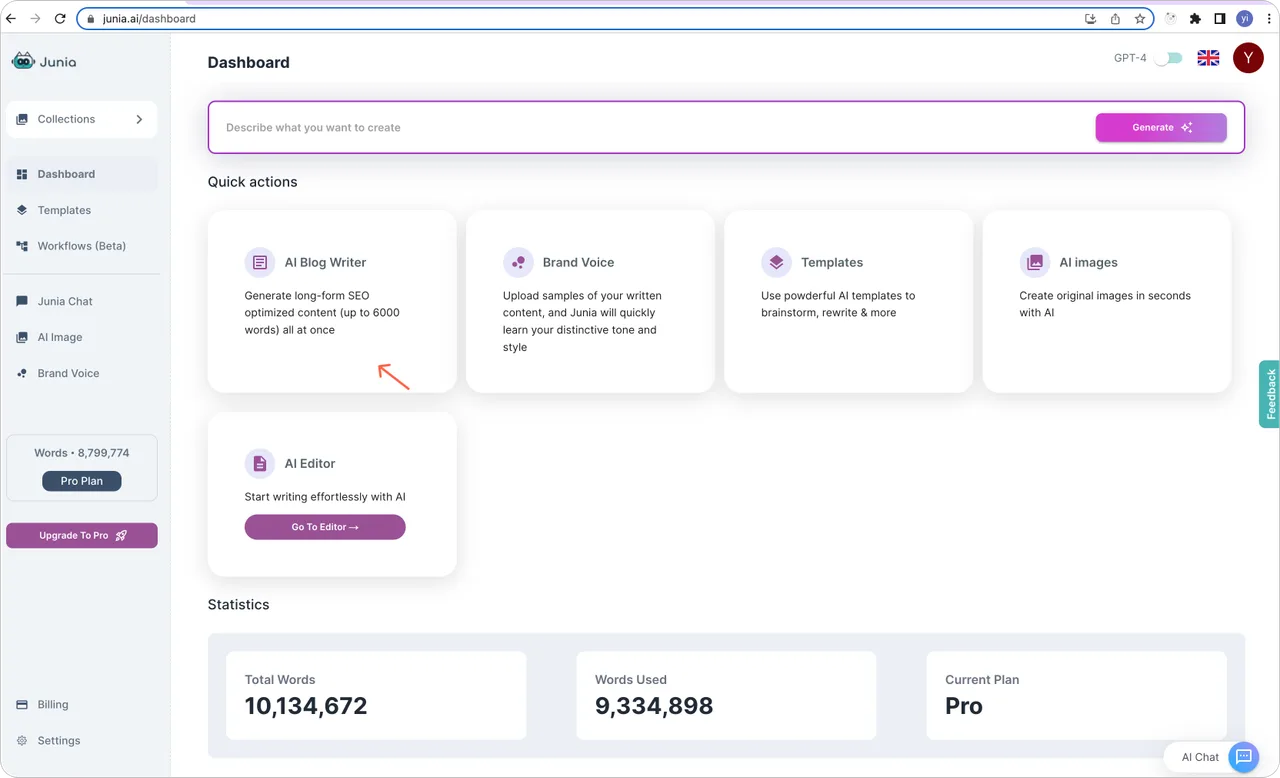 Junia AI interface in use