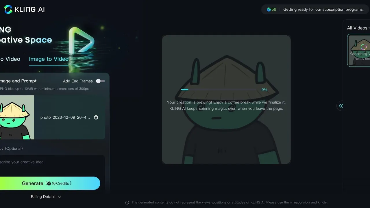 Kling interface in use