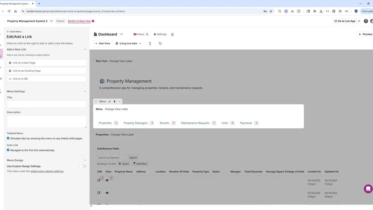 Knack dashboard view