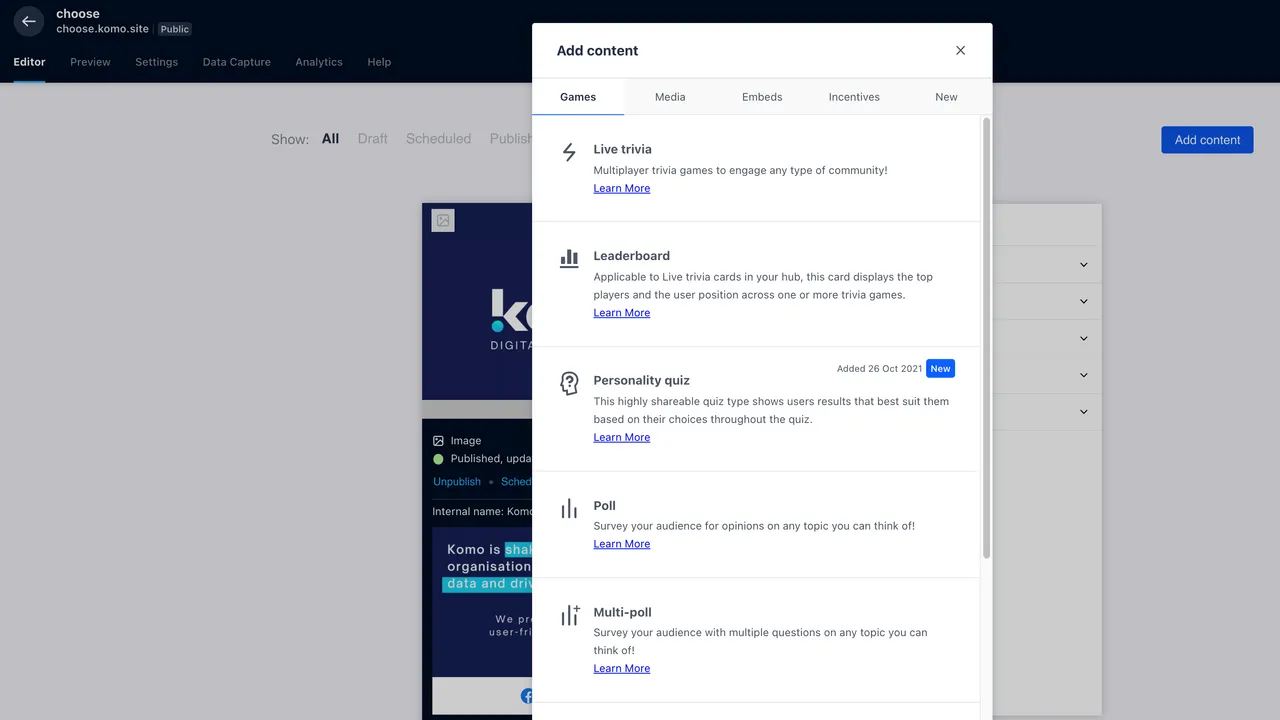 Komo dashboard view