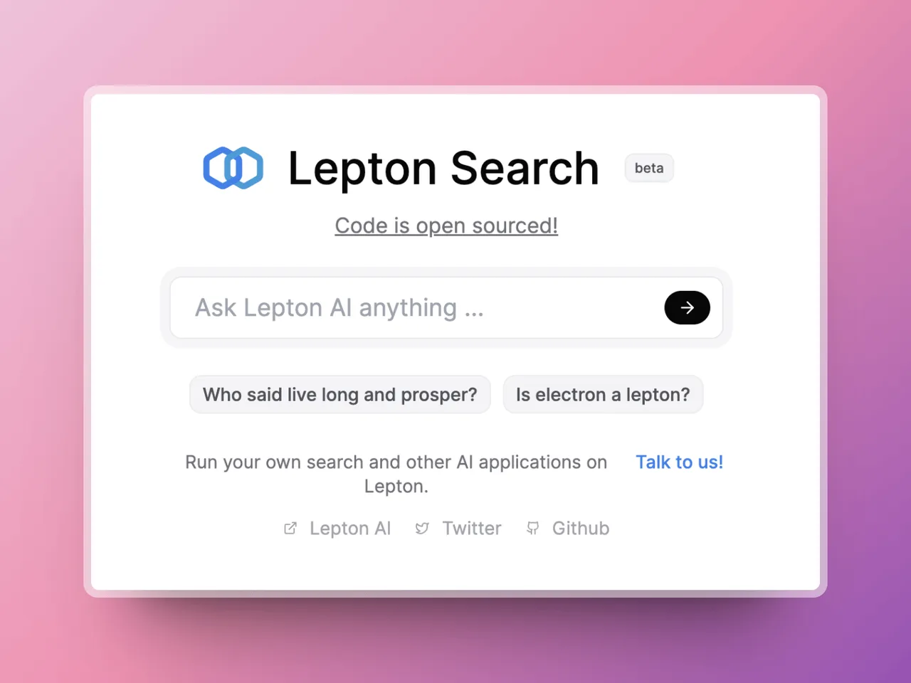 Lepton Search dashboard view