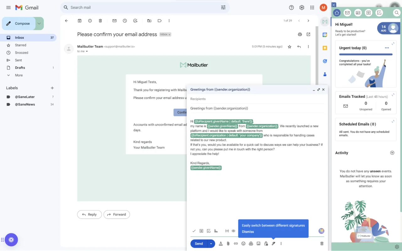 Mailbutler interface in use