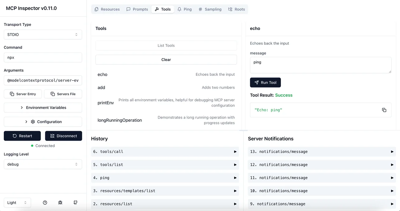 MCP Inspector interface in use