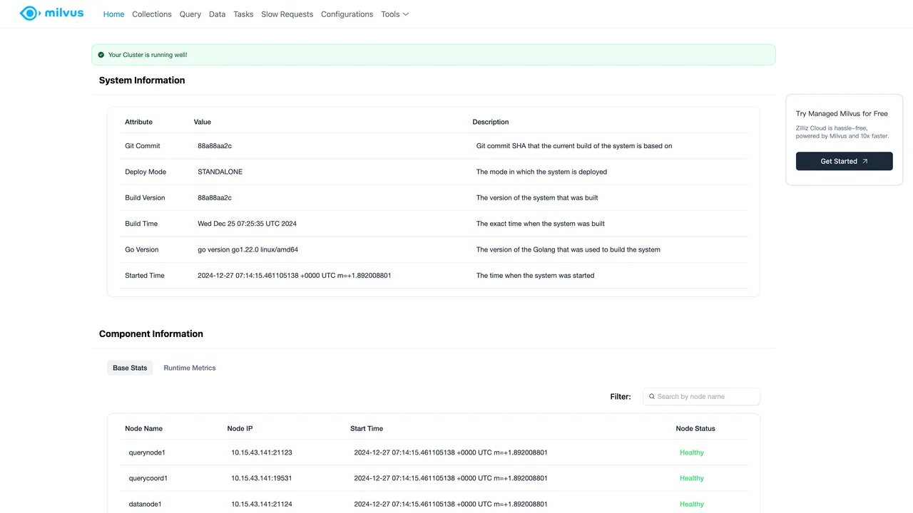 Milvus dashboard view