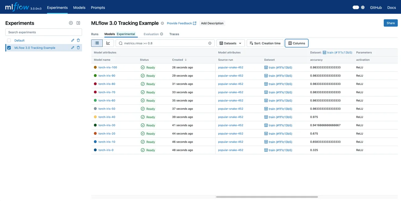MLflow interface in use