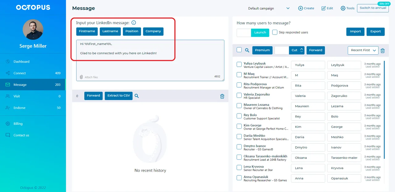 Octopus CRM dashboard view