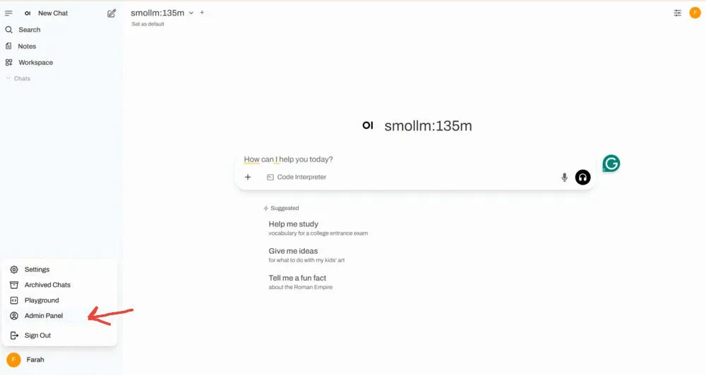 Open WebUI dashboard view