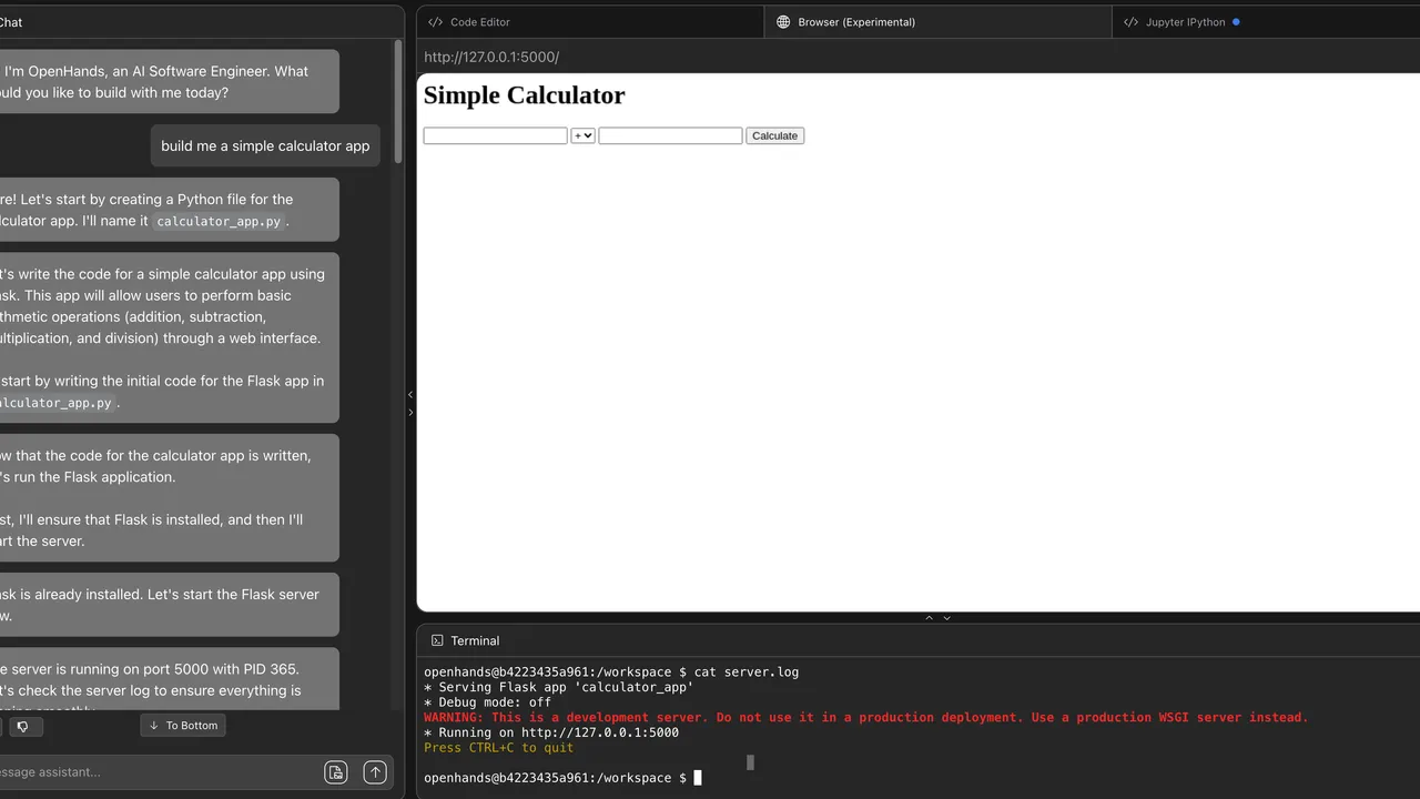 OpenDevin interface in use