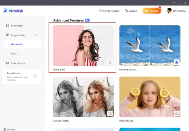 PicWish in action, image AI tool