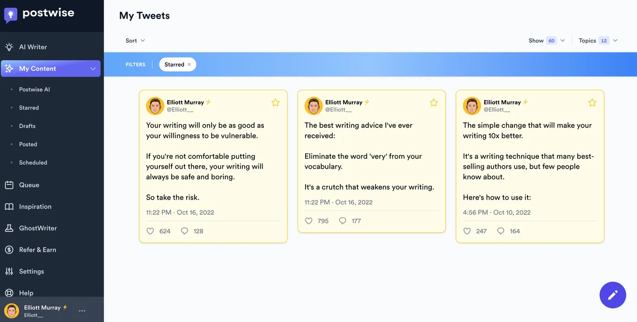 Postwise dashboard view