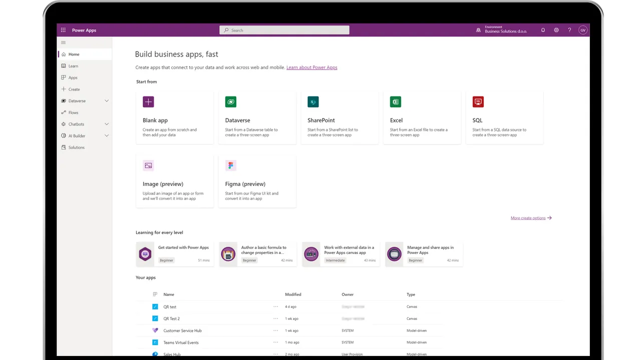 Microsoft Power Apps dashboard view