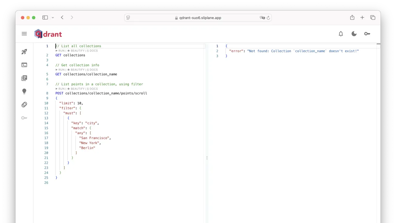 Qdrant dashboard view