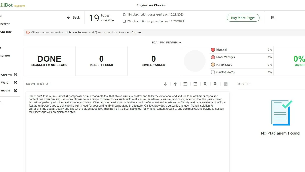 QuillBot in action, writing AI tool