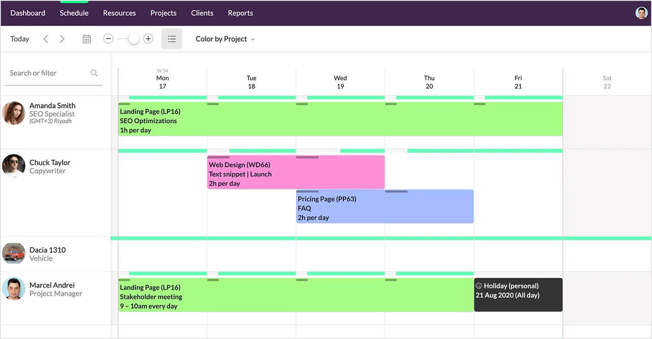 Resource Guru in action, productivity AI tool
