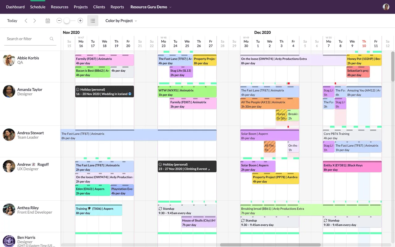 Resource Guru interface in use