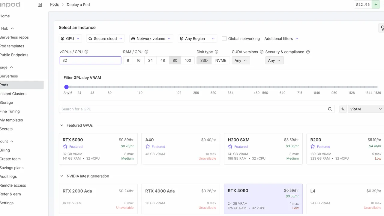 Runpod in action, code AI tool